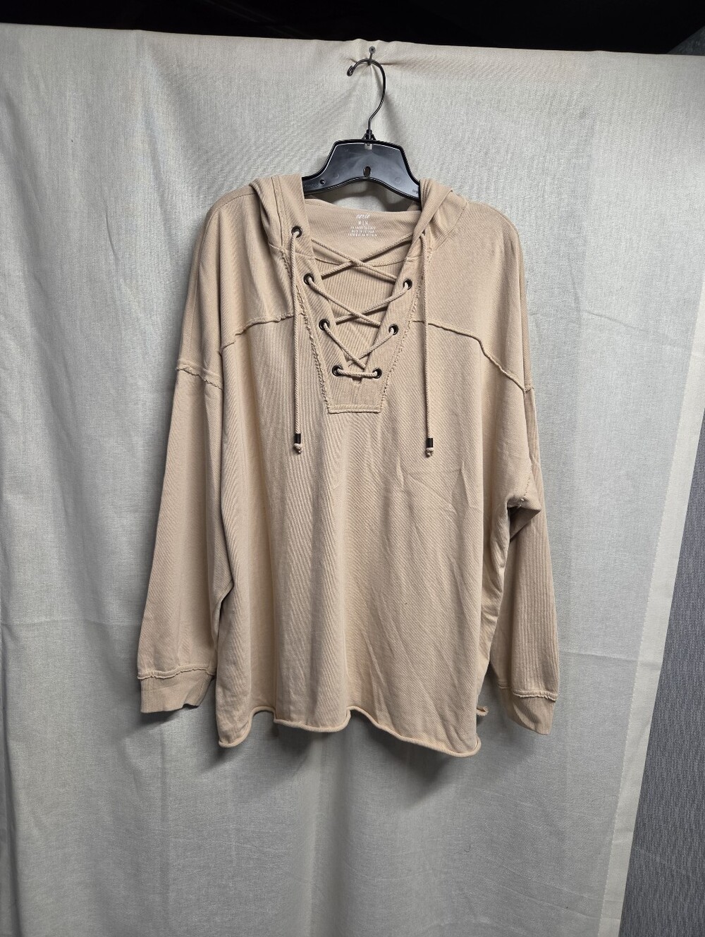 aerie Lace-Up Hooded Pullover in Beige